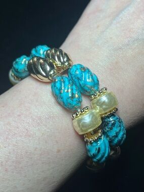 Multi-Strand Turquoise & Gold-Tone Beaded Bracelet